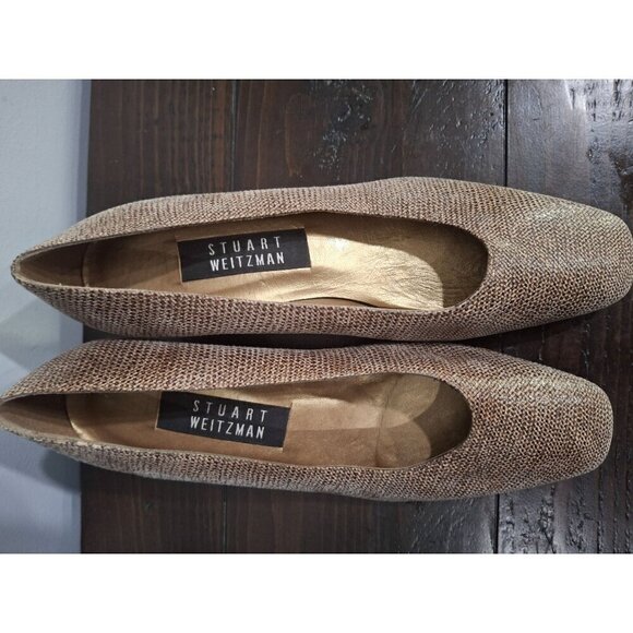 Stuart Weitzman Vintage Greige Embossed Mid Block Leather Pumps/Pre-owned,Sz.7.5 - Picture 8 of 11